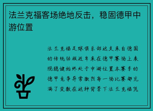 法兰克福客场绝地反击，稳固德甲中游位置