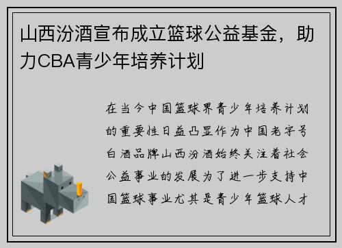 山西汾酒宣布成立篮球公益基金，助力CBA青少年培养计划