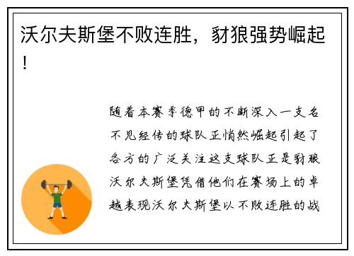 沃尔夫斯堡不败连胜，豺狼强势崛起！