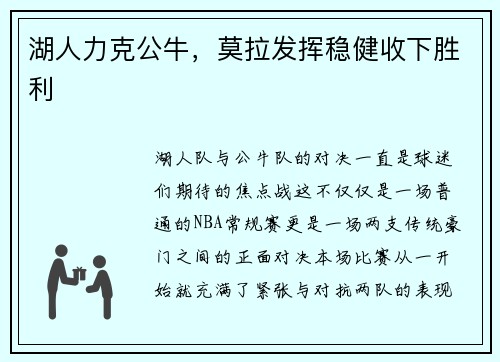 湖人力克公牛，莫拉发挥稳健收下胜利