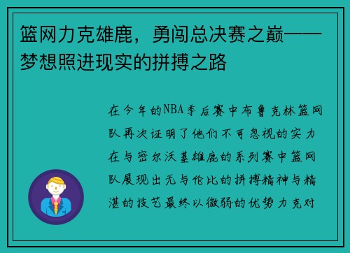 篮网力克雄鹿，勇闯总决赛之巅——梦想照进现实的拼搏之路